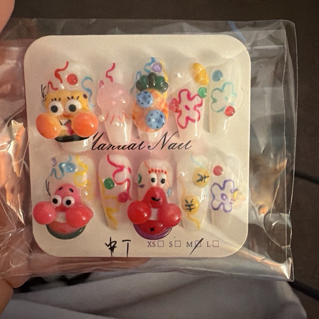 Manual Nail Press-On Nails Full Cover Medium Square Multicolor 3D Cartoon