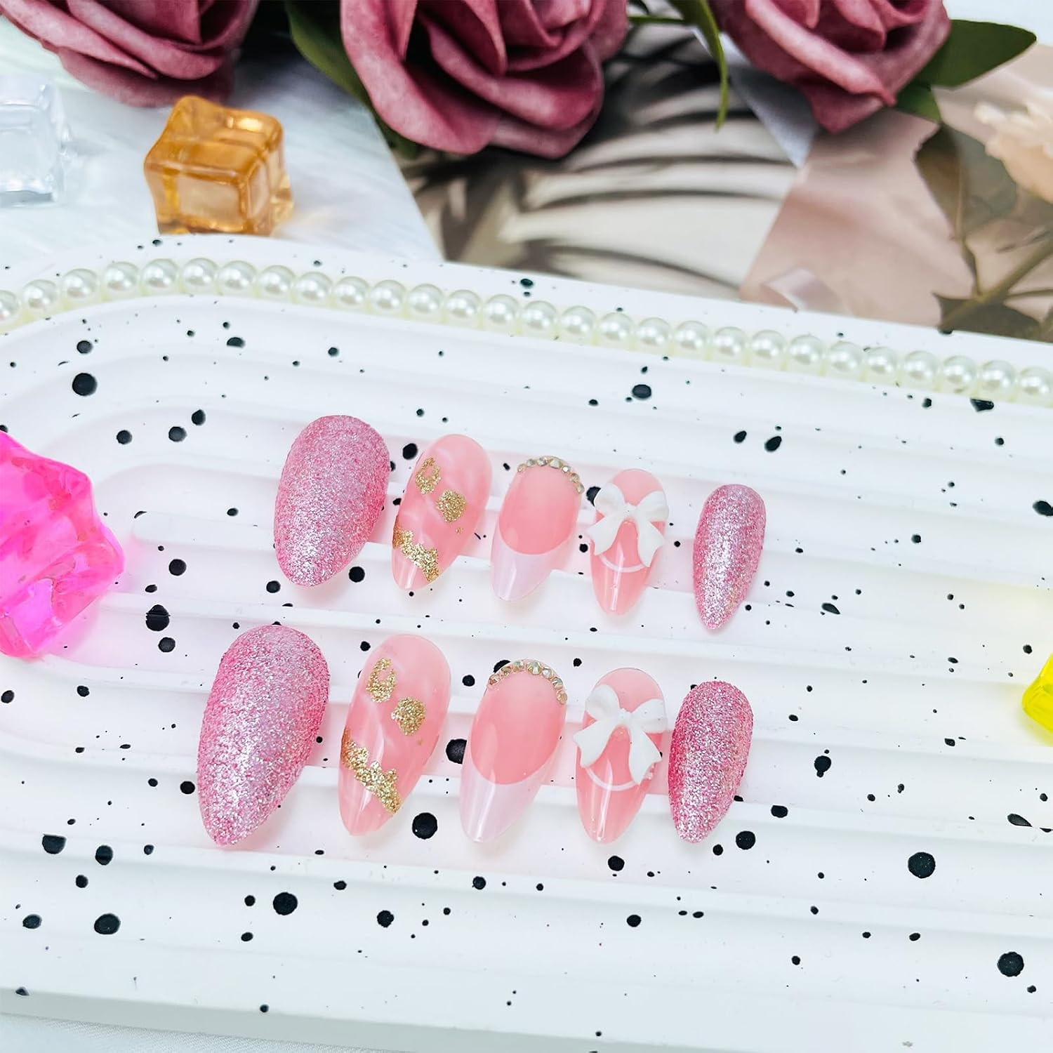 Pink French Tip Press on Nails Medium Almond Fake Nails with 3D Bow & Glitter Rh