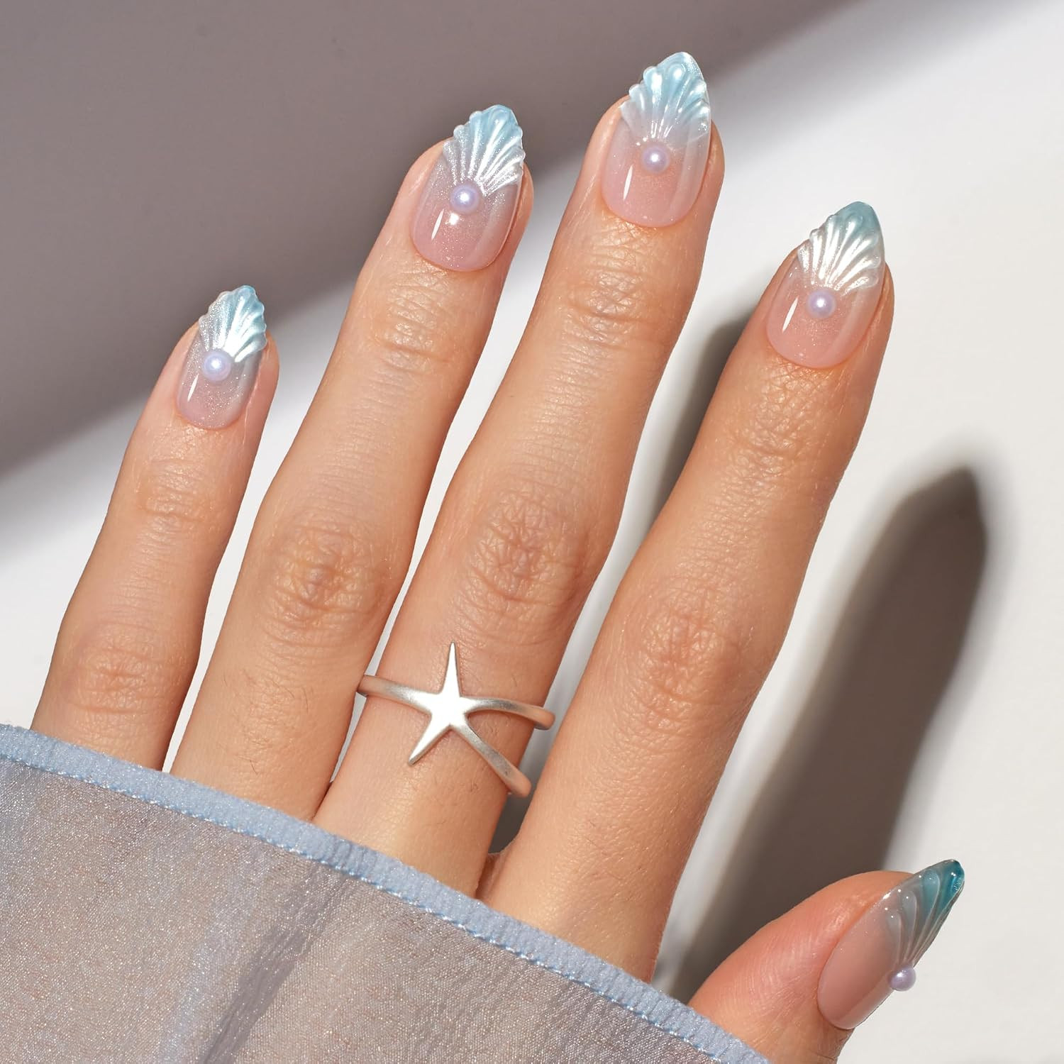 Beetles Cat Eye Press on Nails Short Almond 32 Pcs Mermaid Nails Kit | Short Alm