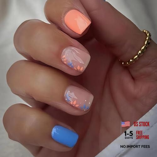 Flower Press On Nails – Square Flowers, Small, Full Cover, Spring Summer style8