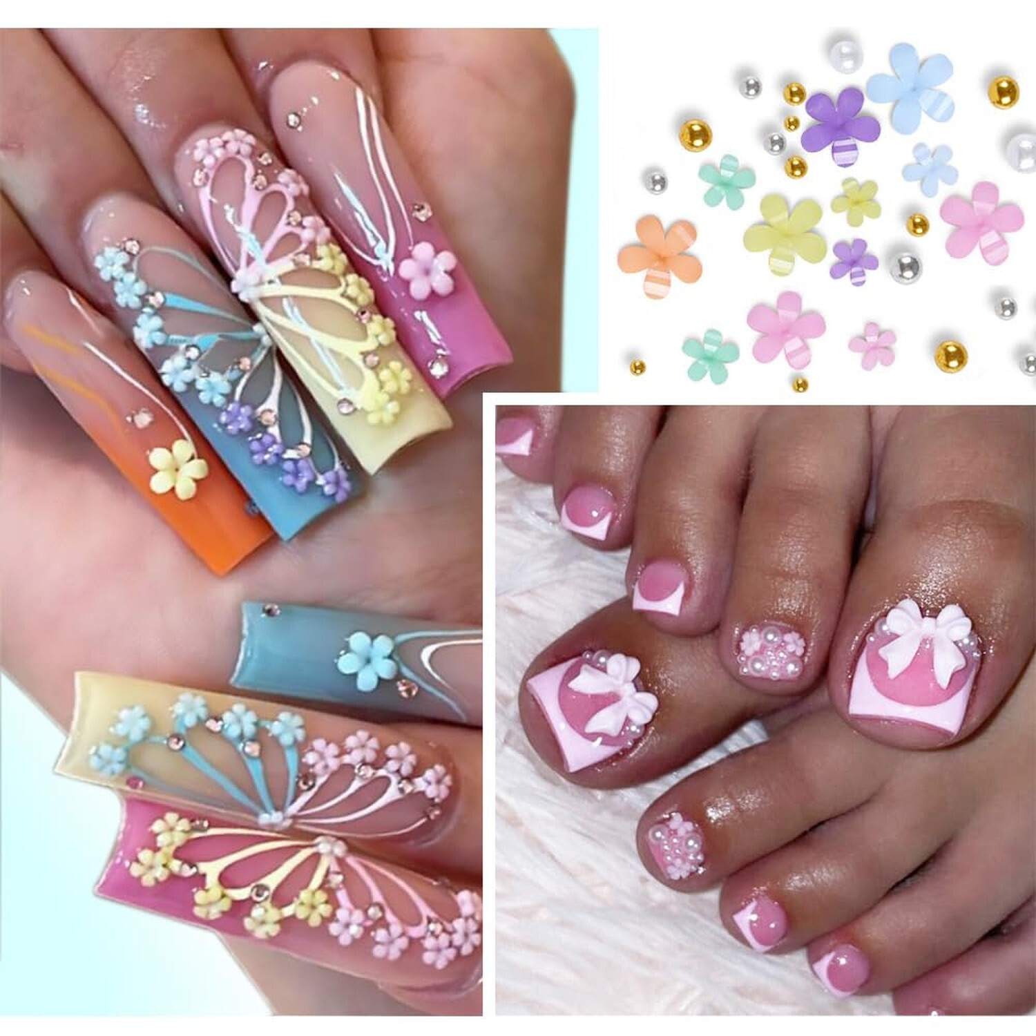 3D Flower Nail Charms, 2 Boxes 3D Acrylic Flower Nail Art Charms and Gems Whi…