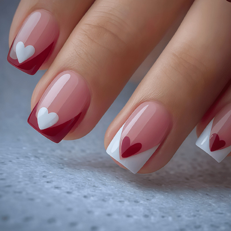48p Short Square Nude Red White Heart French Sweet Valentine Press on Fake Nails