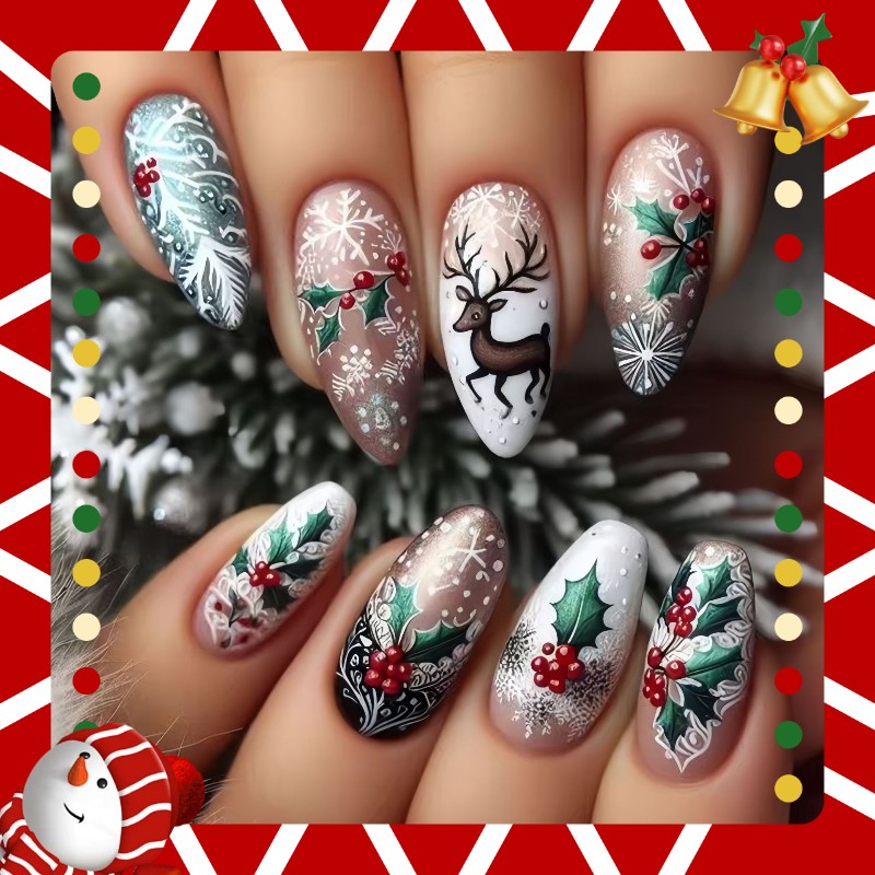 48P Stiletto Press on Nails, Reindeer Holly Snowflake Winter Xmas Fake Nails