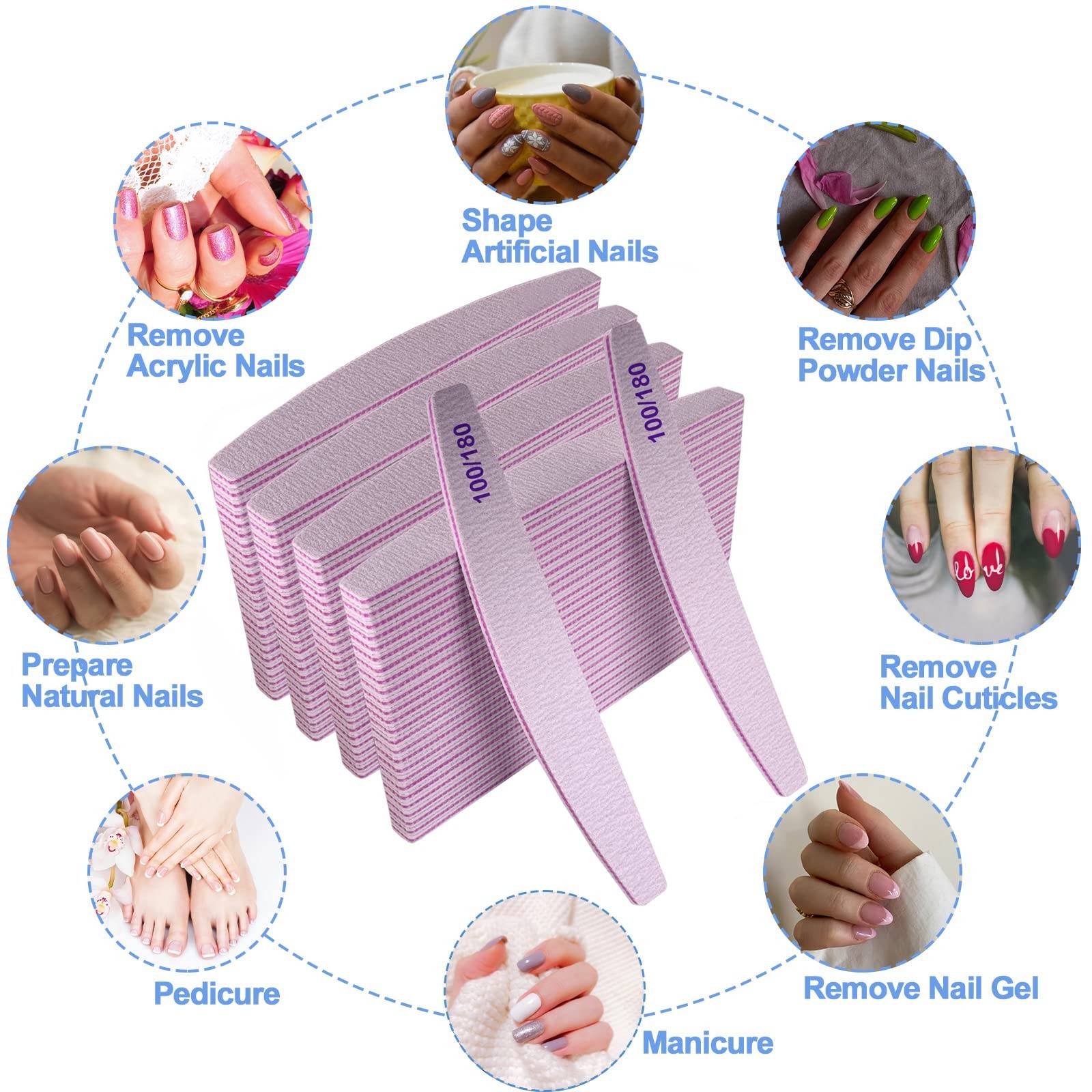 100 Pcs Nail Files 100/180 Grit Emery Boards for Acrylic & Natural Nails, Double