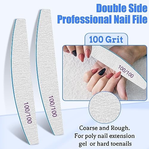 12 PCS Nail Files for Acrylic Nails, 100/100 Grit 100/100 Grit False/Hard Nails