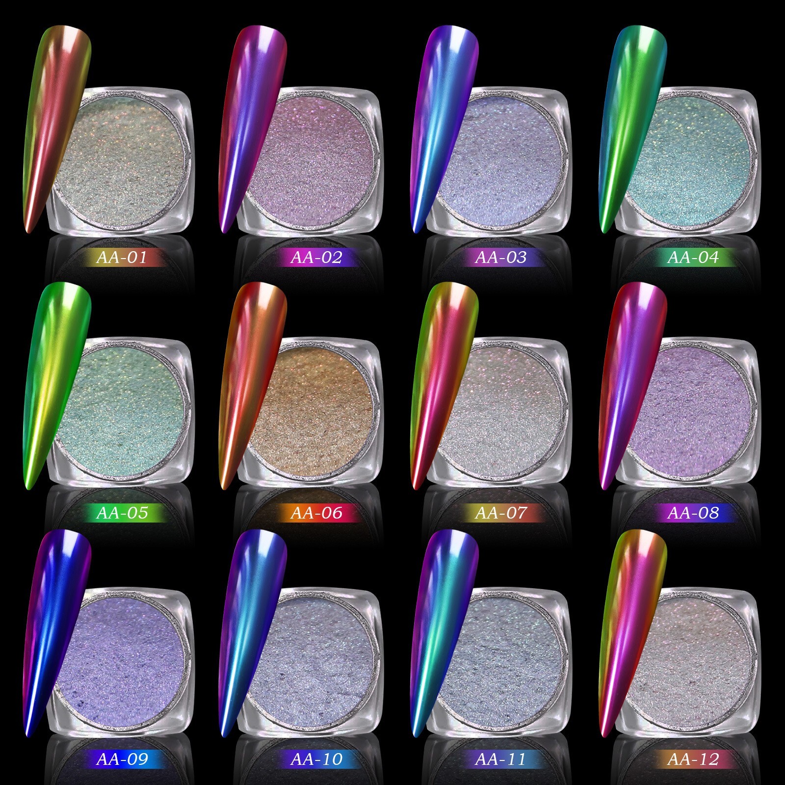12 Jars Magic Mirror Nail Art Powder Chameleon Laser Nail Glitter for False Tips