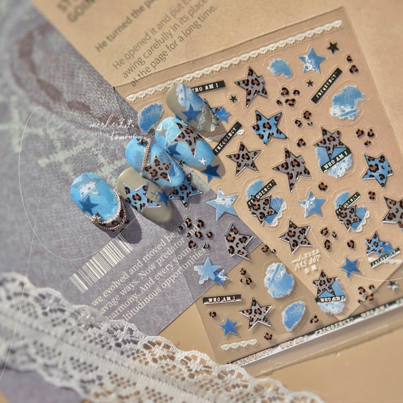 Denim Nail Stickers for Nail Art, Star Leopard Nail Decals 5D Embossed Blue
