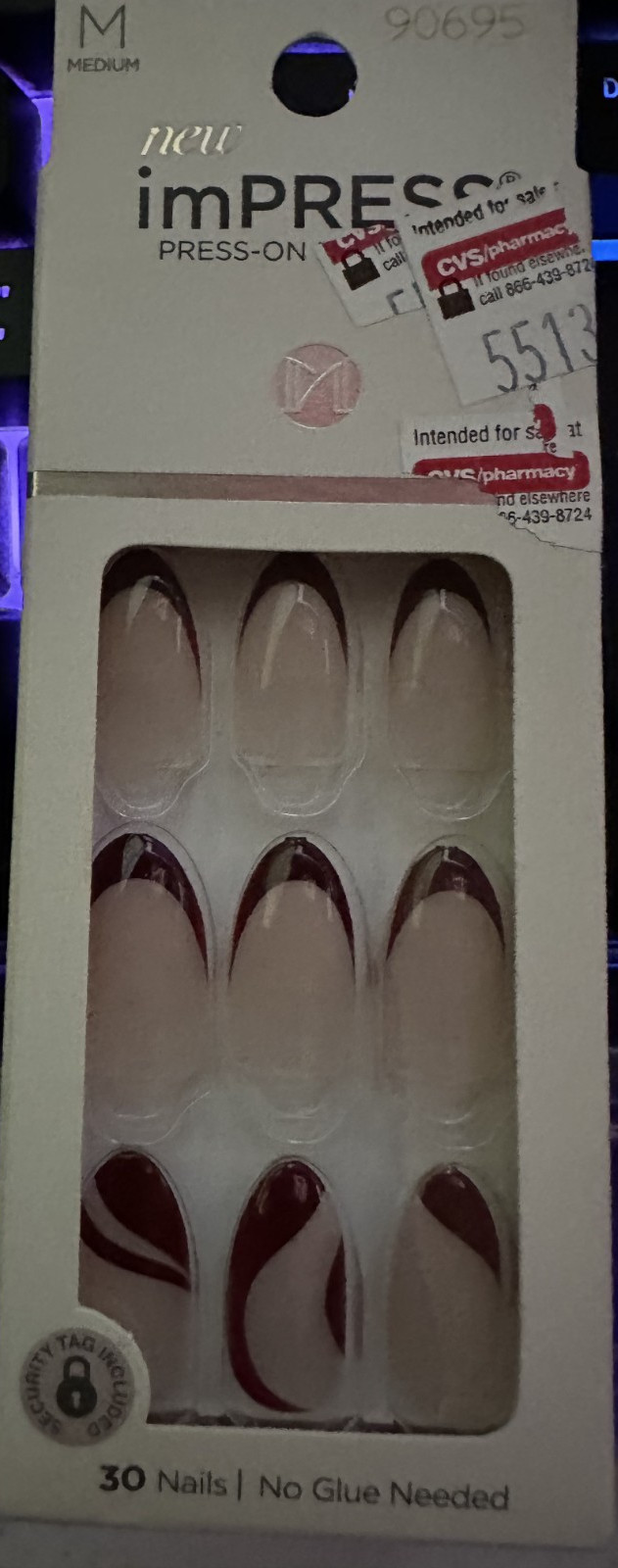 Impress Manicure Nails Gloss Medium Dark Red French Tip with swirl accent Almond