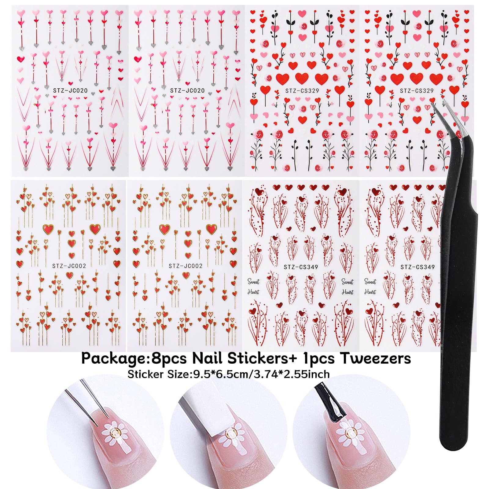 8pcs Mini Heart Nail Art Stickers with Golden Line, Valentine’s Day Romantic …