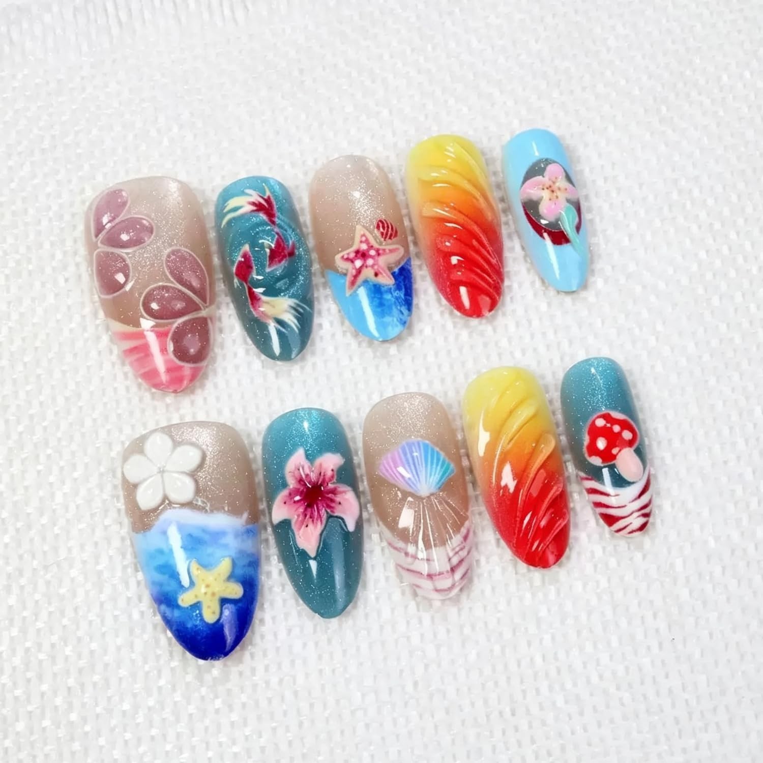 Summer Ocean Press on Nails Long Almond Fake Nails 3D Starfish Seashell Flowe…