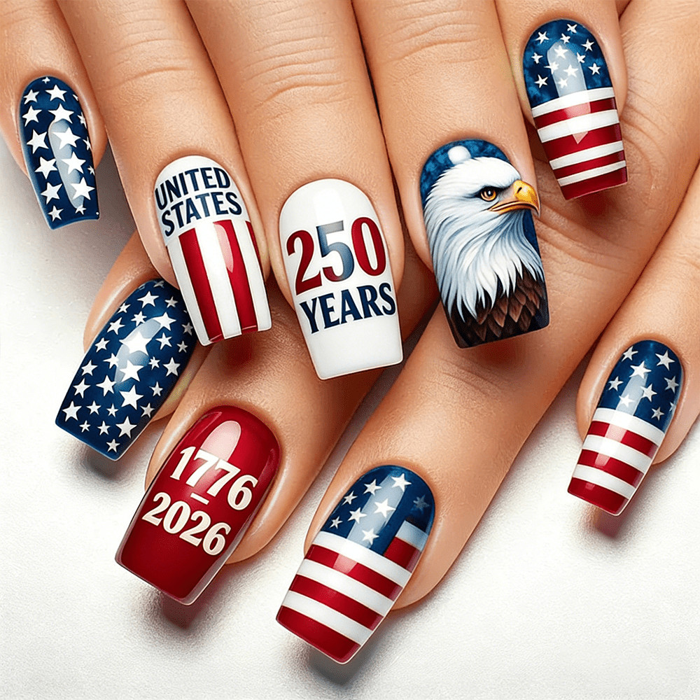 96Pcs Glossy Nails, USA 250th Anniversary, Flag & Eagle Pattern