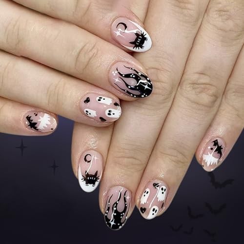 Halloween Press on Nails Short Oval Fake Nails White French Halloween Nails-8