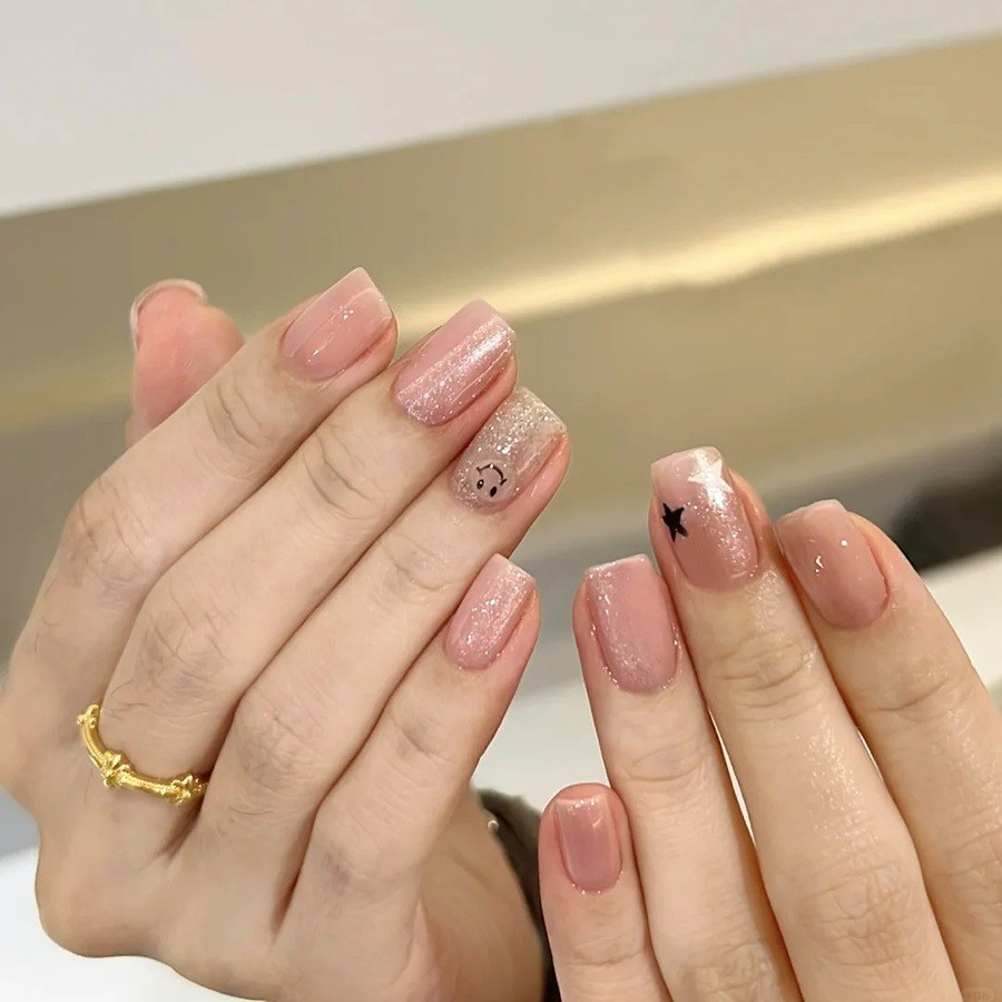 48 Pcs Star Smiley Press on Nails, Short Square Pink Cat Eye Daily Fake Nails