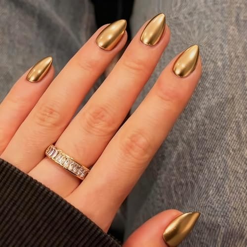 Chrome Press On Nails Short Almond, Metallic Bronze Brown Fake almond-bronze