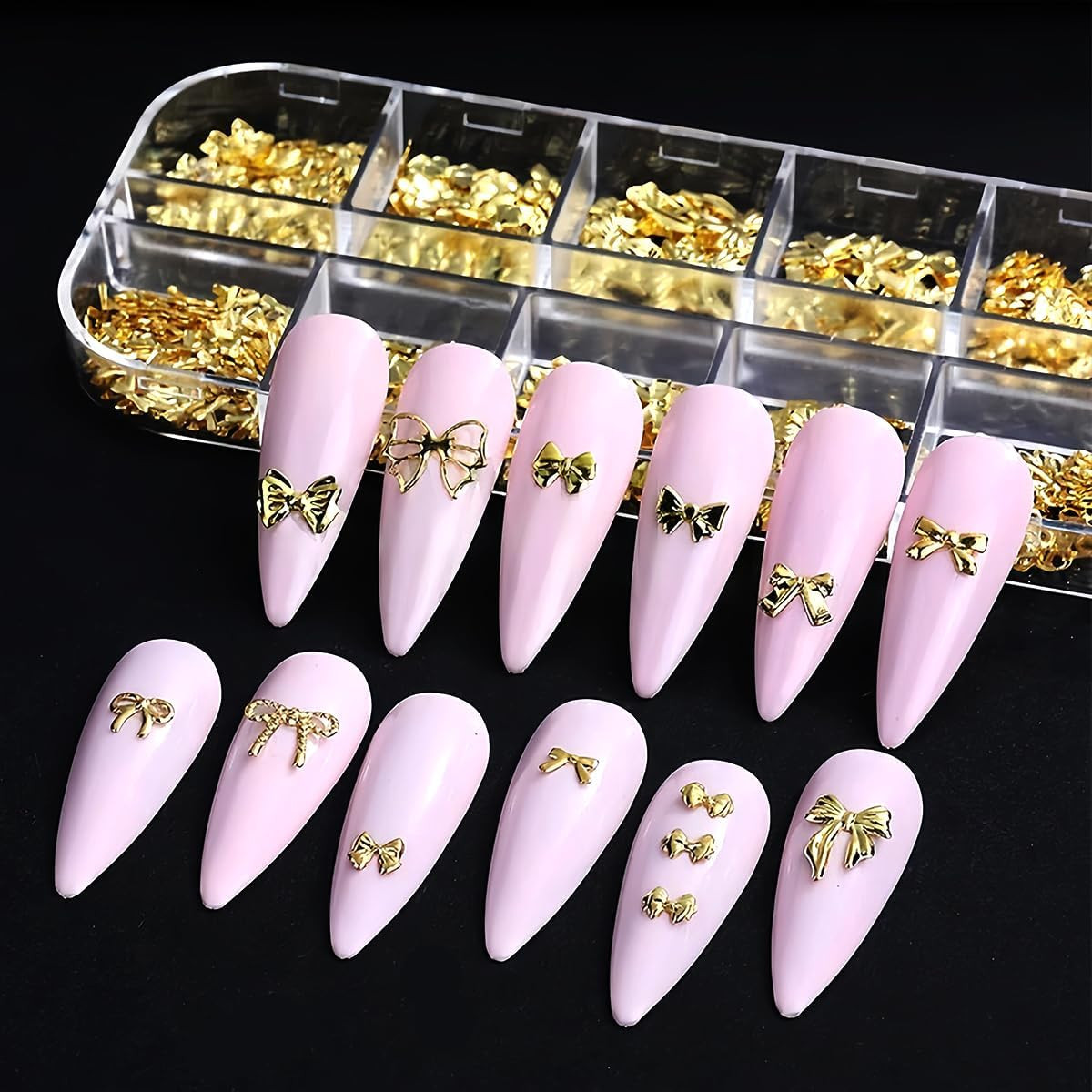 12 Grids Gold Bow Nail Charms 12 Styles Mini Alloy Bowknot Nail Rhinestones Butt