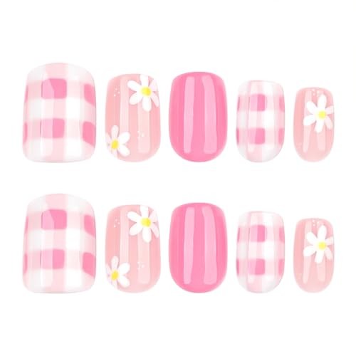 Flower Press on Nails – Spring Short Square Fake Nails with Daisy Gingham Pink