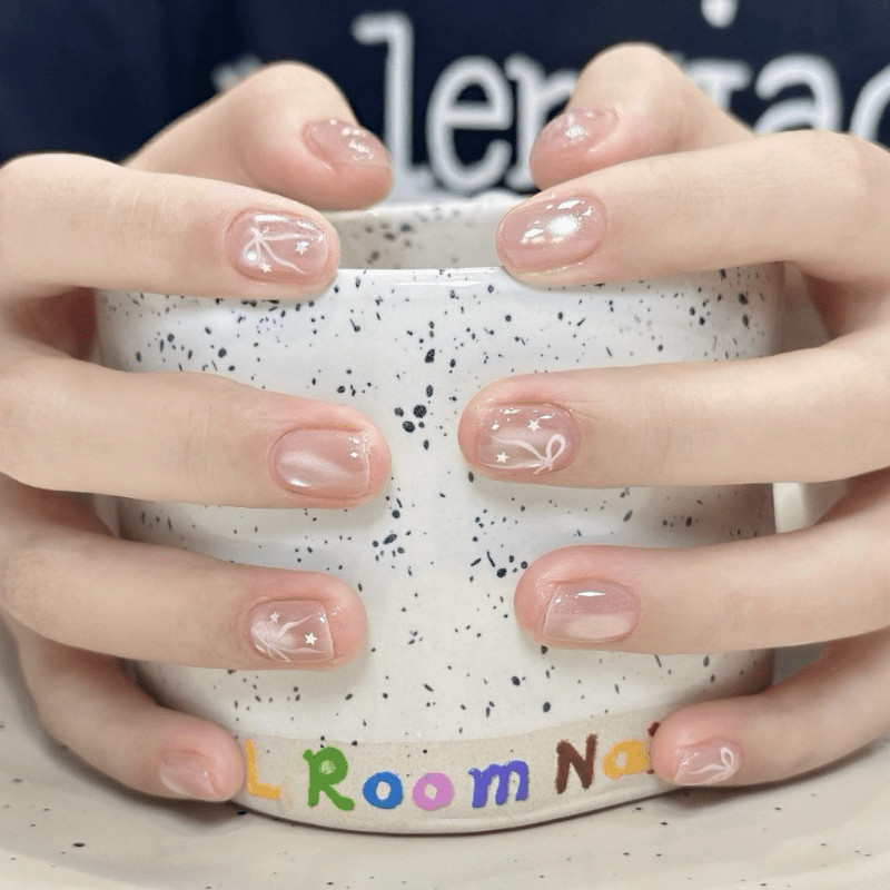 60pcs-Press on Nails Nude Short Round Bow Star Print Cat Eye Glossy Rhinestones