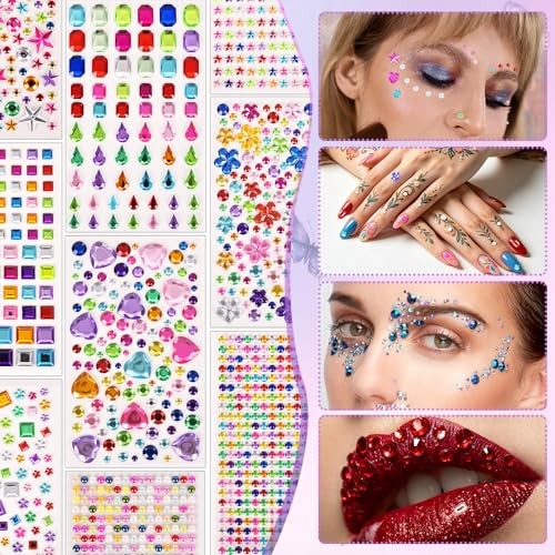 Gem Stickers, 6124Pcs Self-Adhesive Face Gems, Acrylic Rhinestone Stickers for