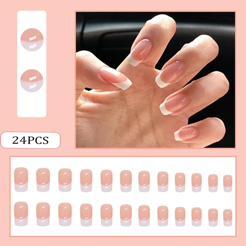 White French Tip Press on Fake Nails Medium Square Nail Press ons Nude False …