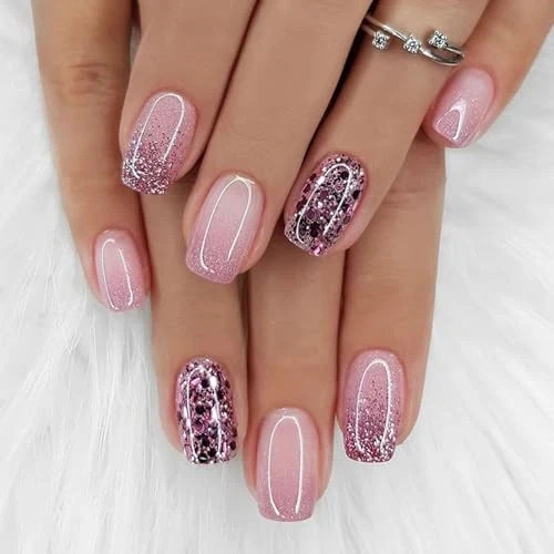 Press on Nails Medium Square Fake Nails with Gradient Glitter Sequins Designs