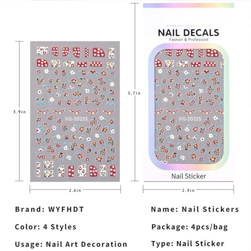 4 Sheets 3D Flower Nail Stickers Colorful Floral Daisy Nail Nail Art Stickers6