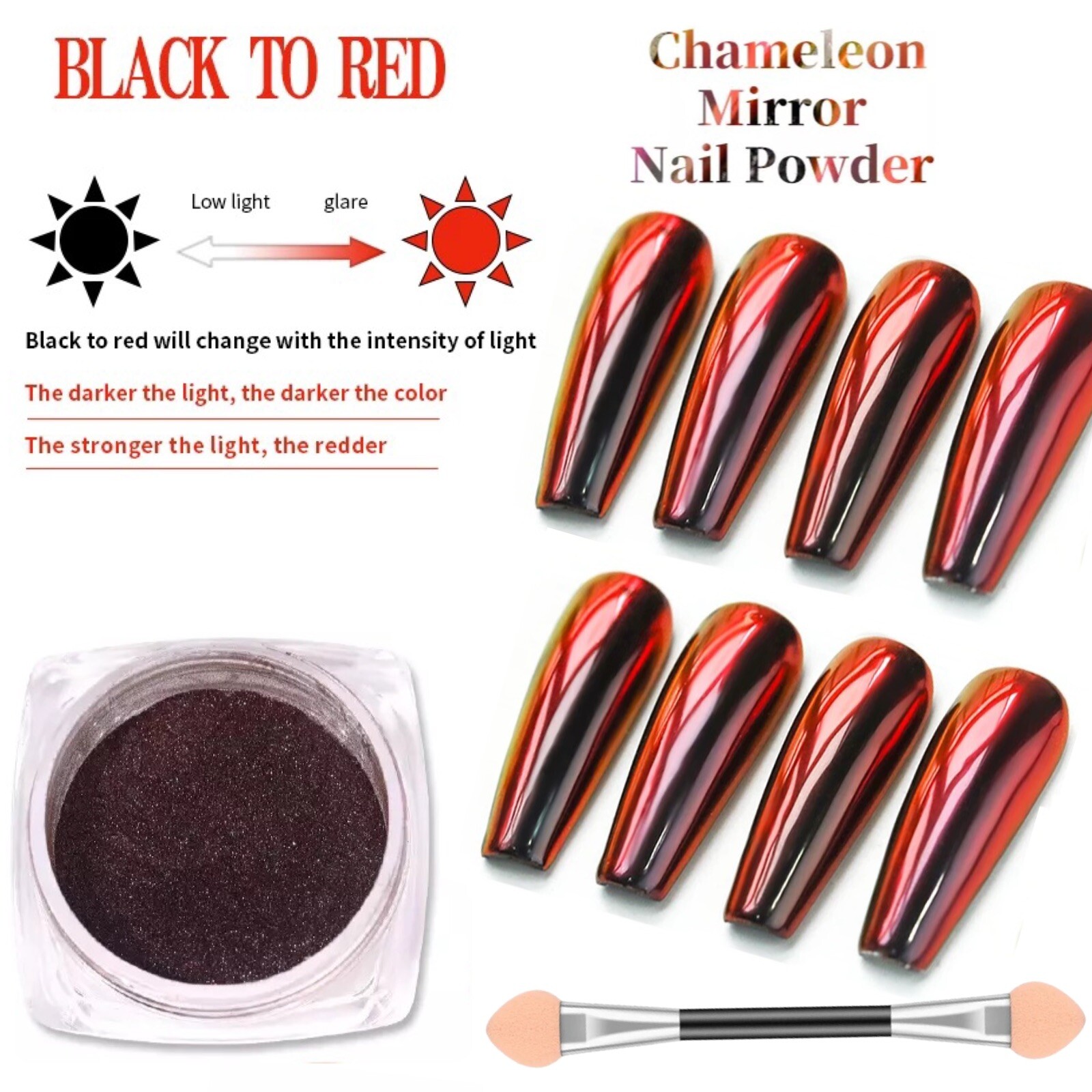 RED to BLACK Chameleon Mirror Nail Powder Duo Chrome Pigment Colour Shift H12