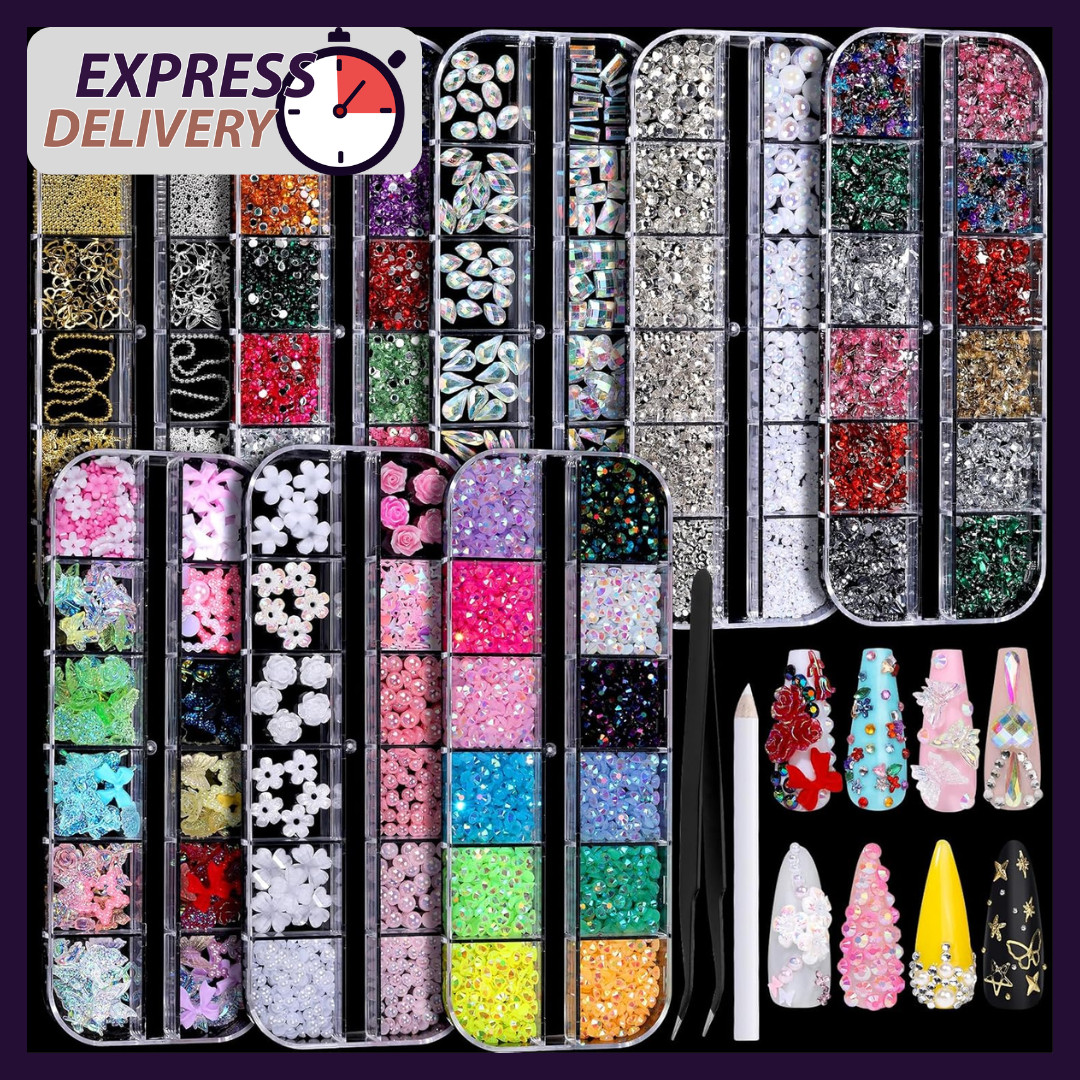 Nail Charms, Nail Rhinestones Kit with 8 Boxes of Nail Gems, 3D Charms for Nails