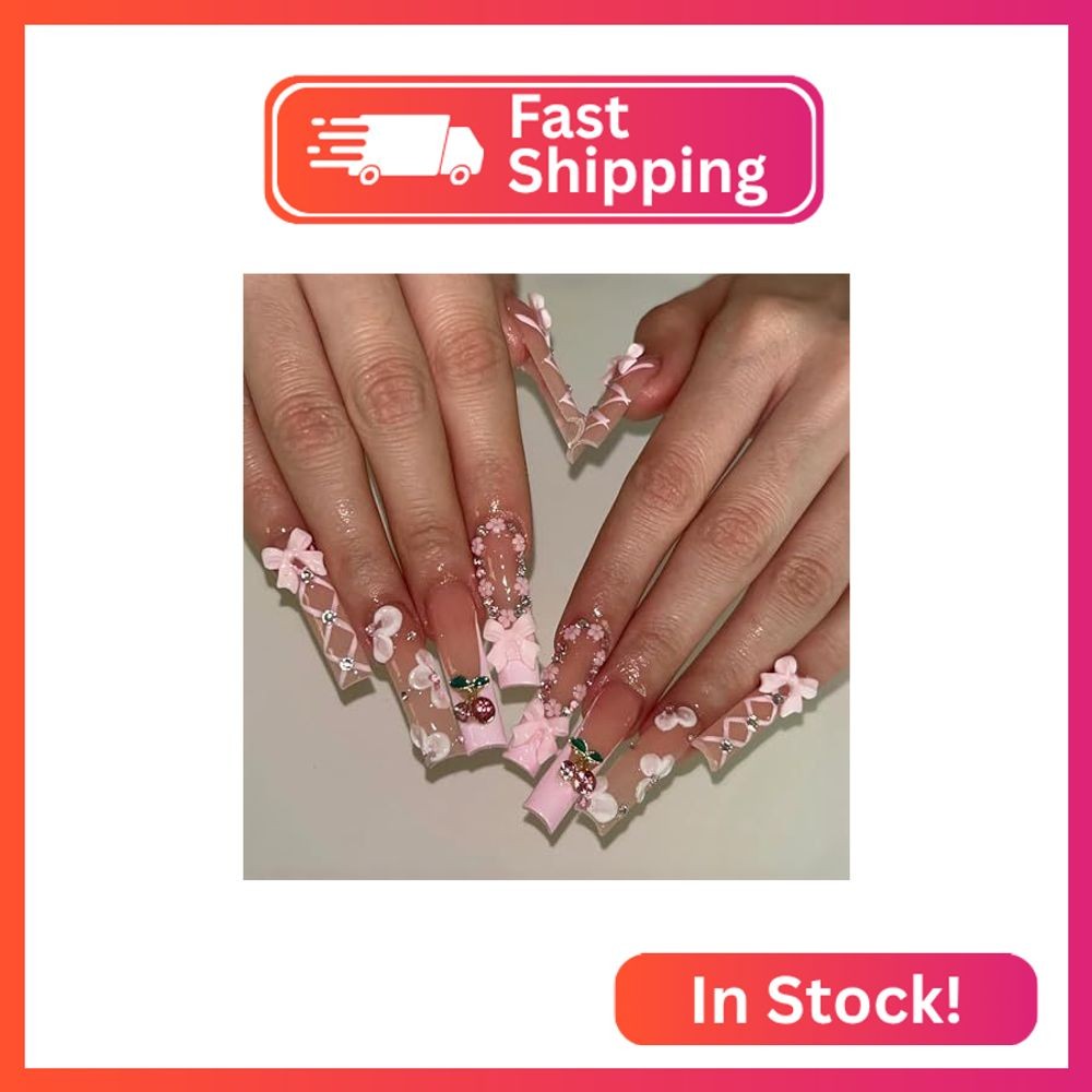 BABALAL Press on Nails Long Square Fake Nails Pink French Tip Glue on with Cherr