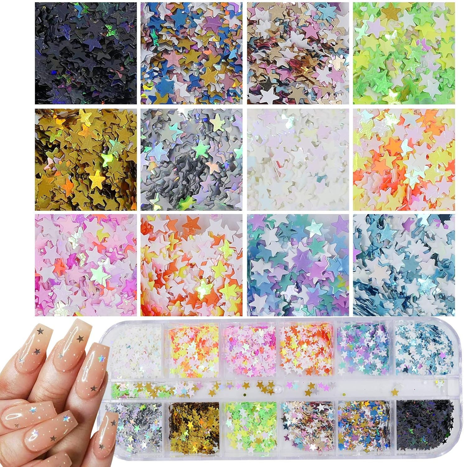 4 Boxes Holographic Nail Sequins Shapes Mixed Iridescent Nail Glitter Flakes But