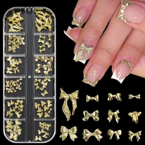 90PCS Gold Bow Nail Charms, Small Bowties for Nail Art Mix Size 3D Alloy Metal