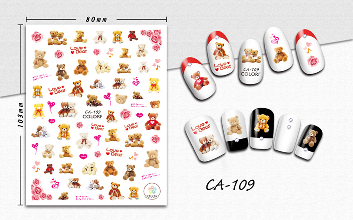 Nail art 3D stickers decal white pink bears roses love bear CA109