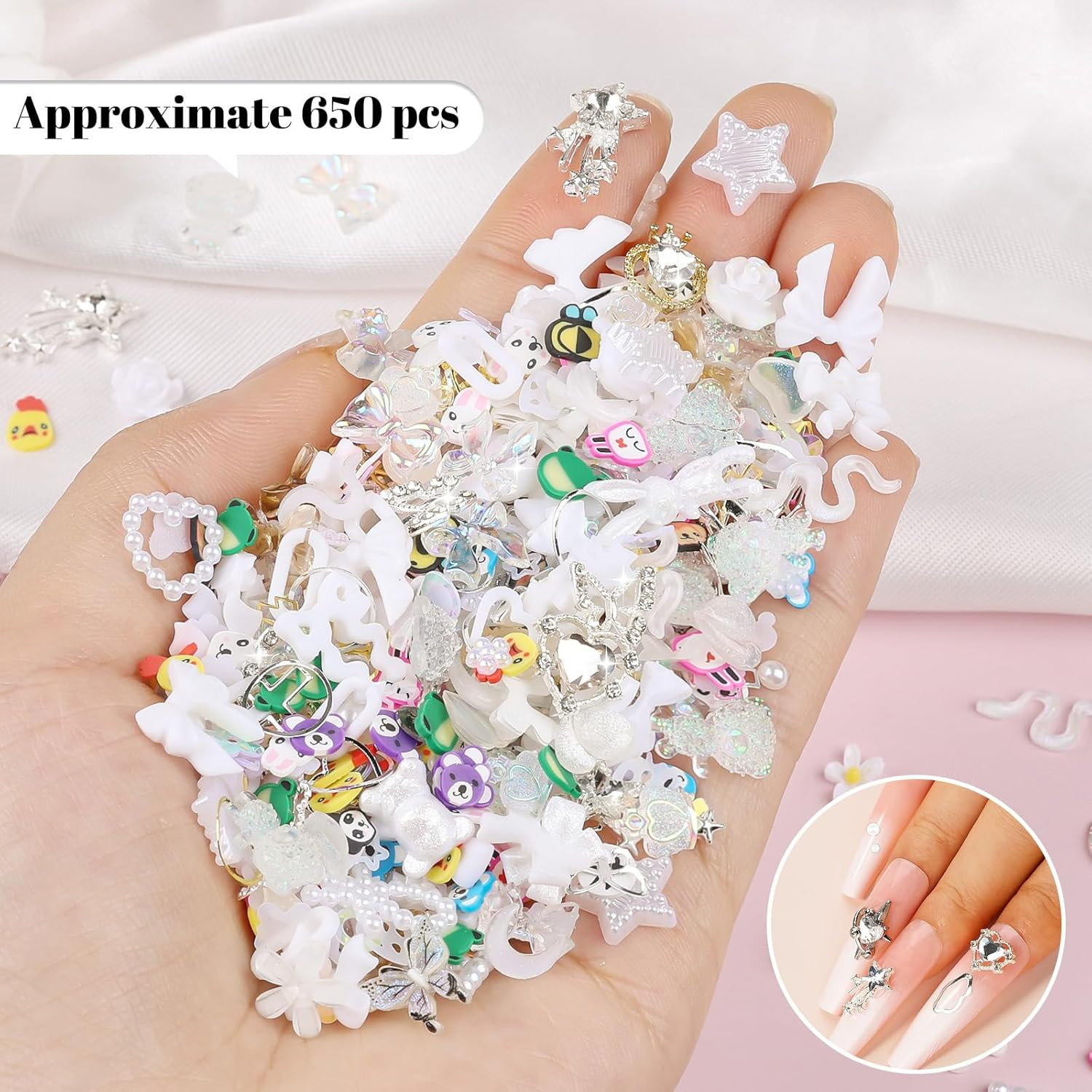 650Pcs Cute 3D Nail Charms and Gems, White Rabbit Bow Charms Alloy Butterfly Hea