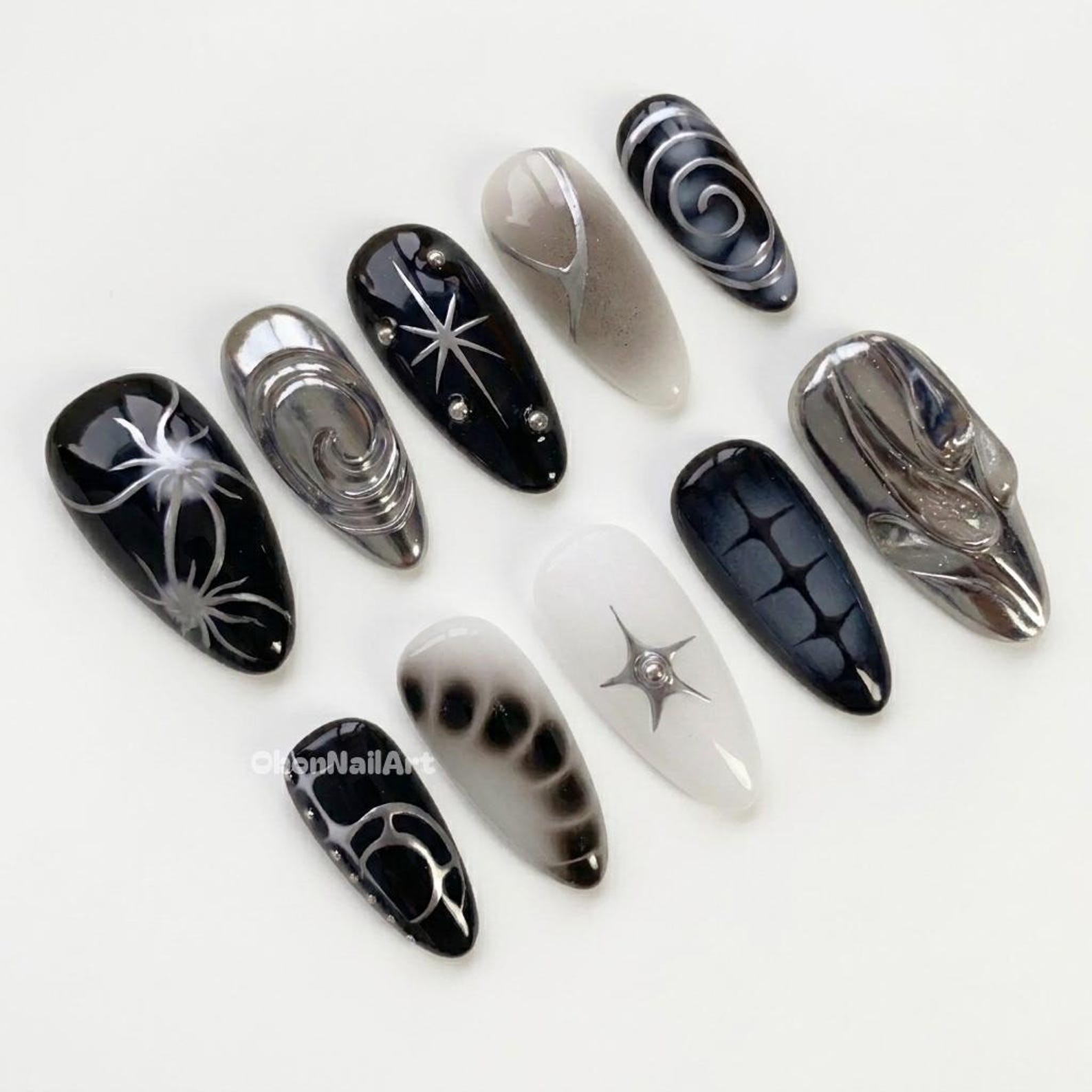 Handmade Black Silver Chrome Swirl Star Rhinestone Medium Almond Press on Nails