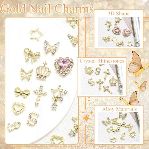 180PCS Nail Charms: Cross Crystal Star, 3D Butterfly, Sparkly Crown, Shiny Gold