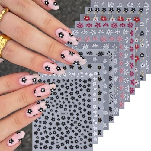 Flower Nail Art Stickers Decals 12PCS Glitter Pink White Flower Flower Styles