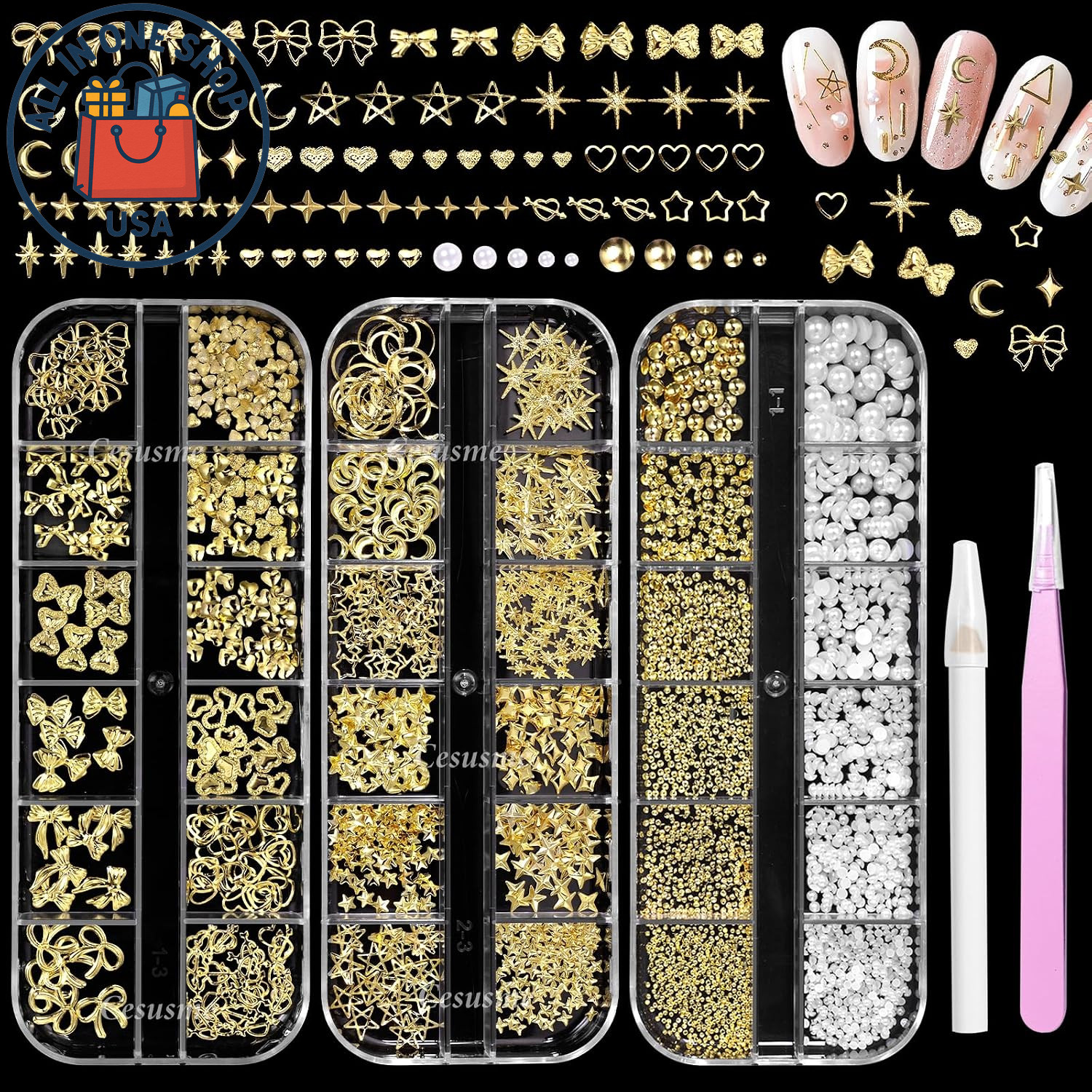 Gold Nail Charms Set: Pearls, Hearts, Bows, Stars, and Moon Designs