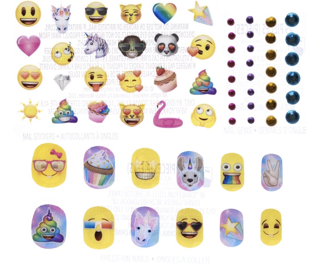 X2 Iconic EMOJI Decorative Nail Art 65 pc SETS Press On Nails Gems Stickers