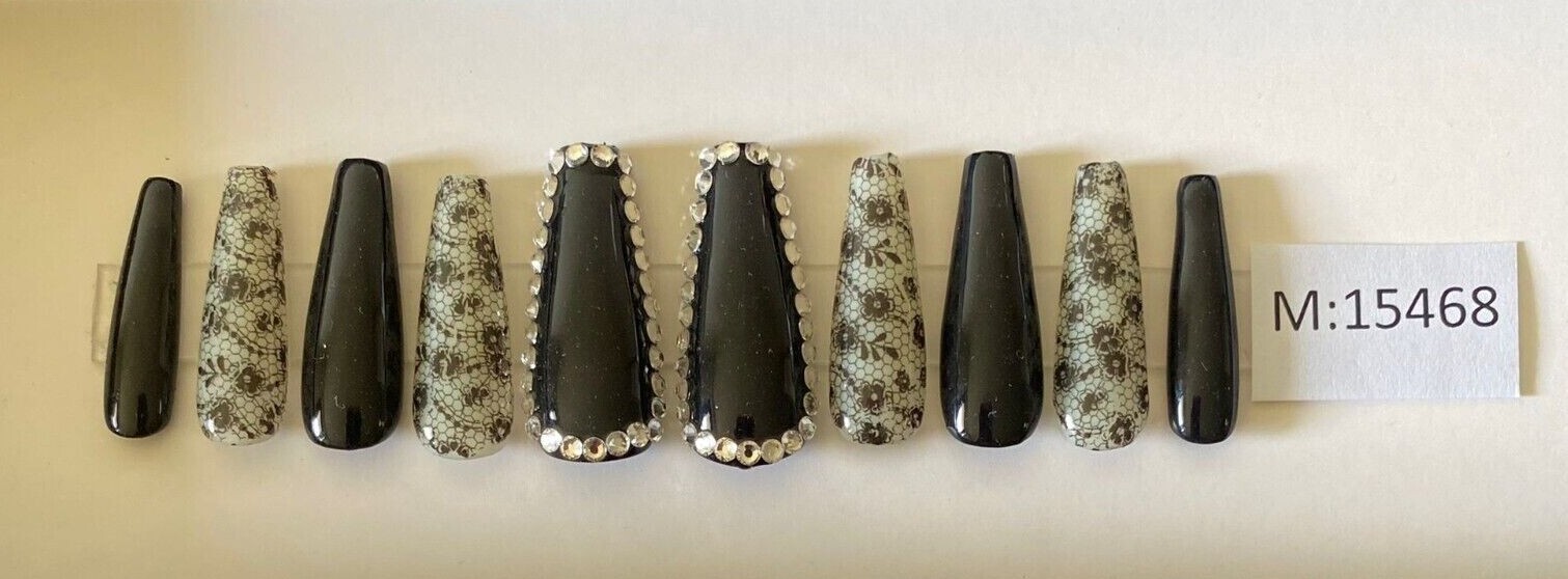 Black Blitz Nail + Custom Box | Ballerina Nail | Nail with Gems | Medium & Large
