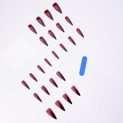 24Pcs Halloween Press on Nails Stiletto Fake Nails Dark Red Long Style-23