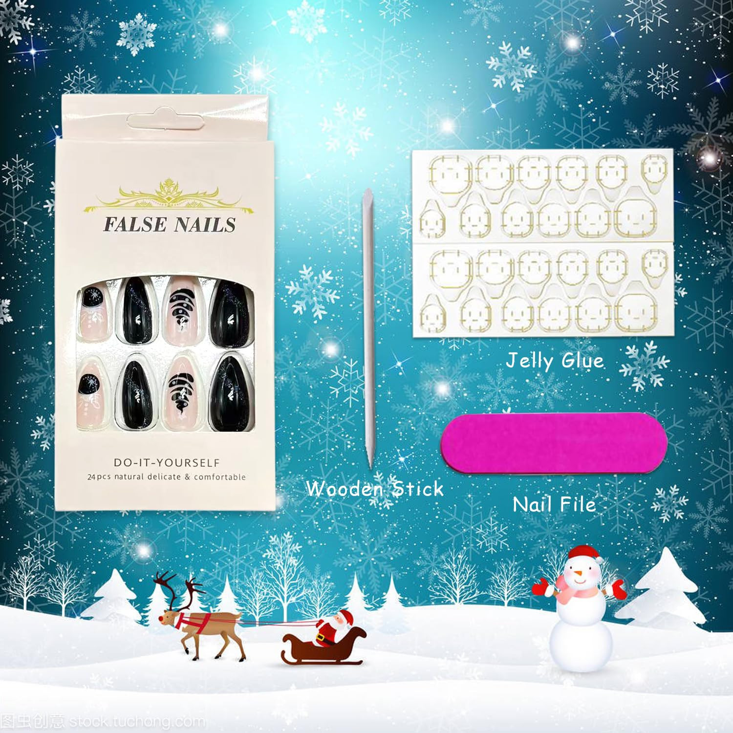 Winter Christmas Press On Nails Long Almond Glitter Snowflake Fake Nail Set