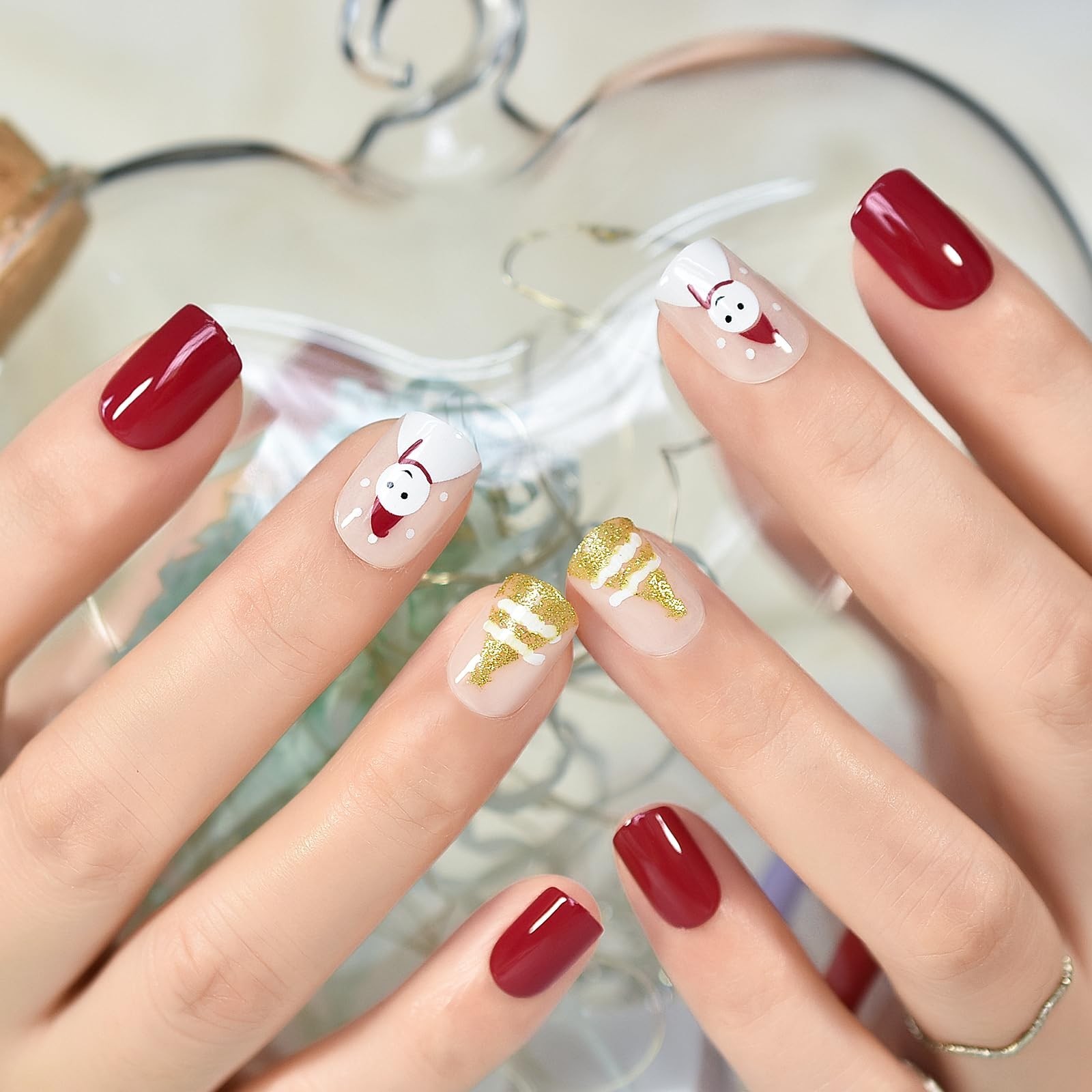Christmas Snowman Press On Nails with Pre-design Golden Glitter Tree Short Sq…