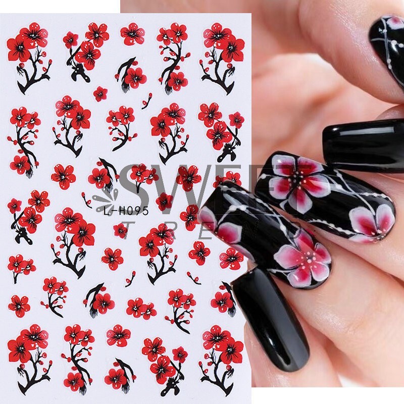 3Sheets Red Nail Art Stickers Decals Hibiscus Cherry Flowers Floral Wasp NH28