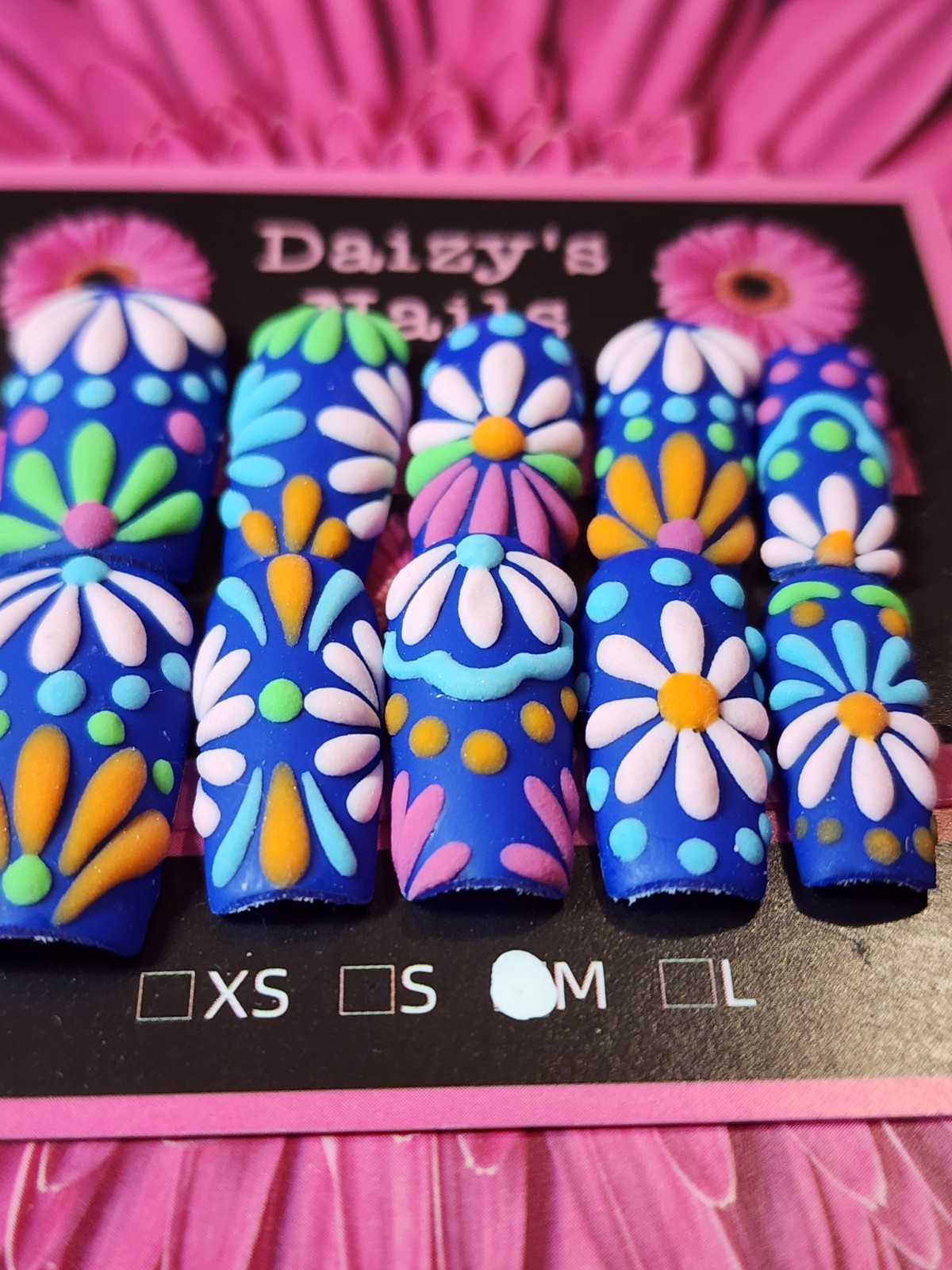 Medium Size Blue Matte 3D Daisy Nail Set Handmade Square 2.5 Cm Length