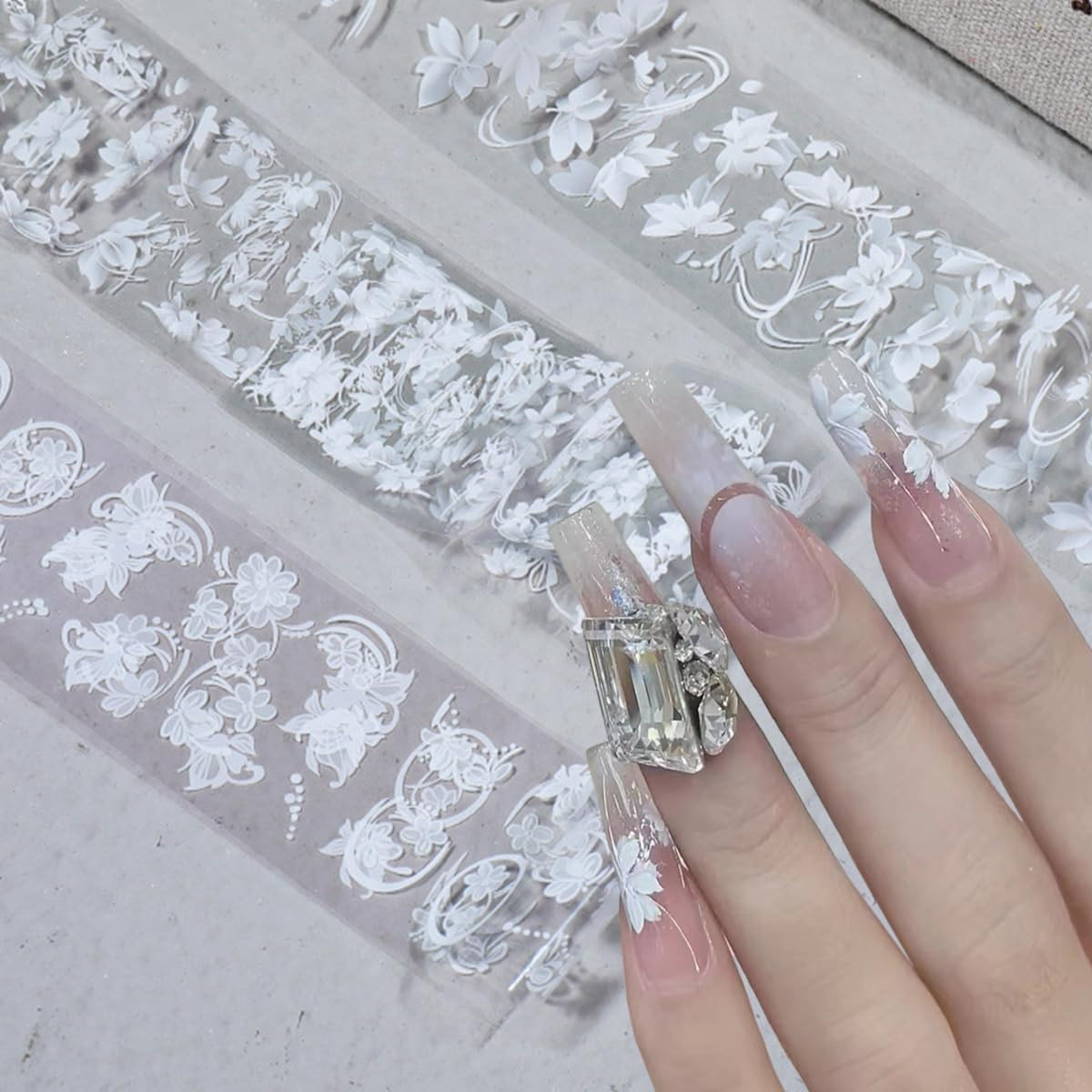 10Roll/Box White Flowers Nail Foil Transfer Stickers for Nail Art Design 3D Holo