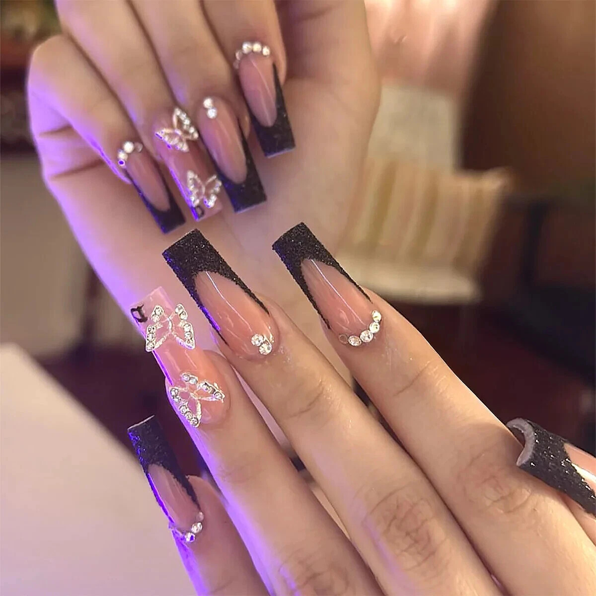24Pcs Extra Long Square Fake Nail with Glue 3D Little Bear Bow Design False Nail