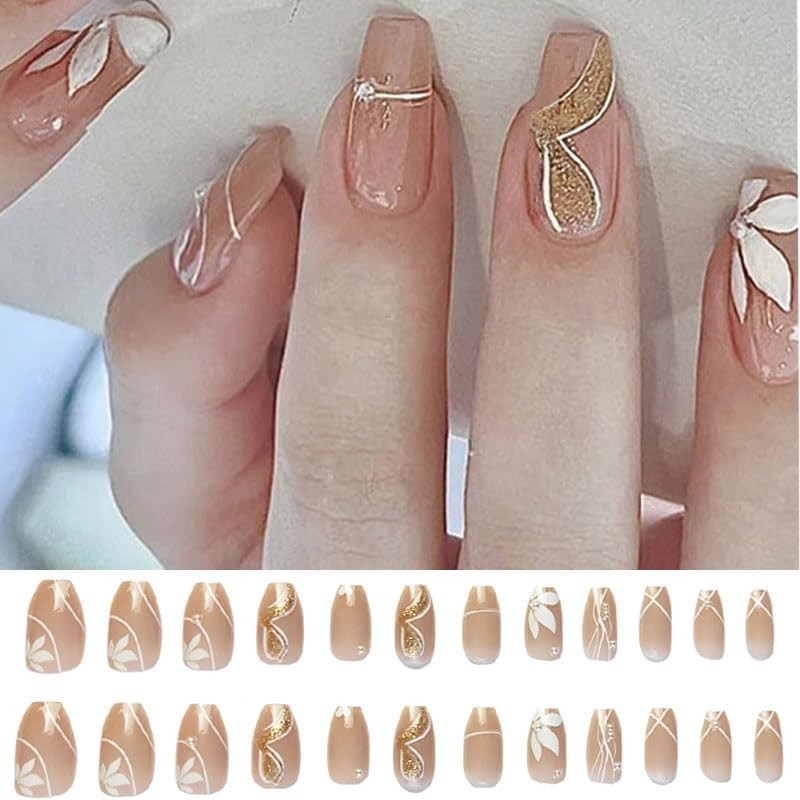 Secret Lives Glossy Reusable False Press on Nails Nude Brown 24 Nails Set