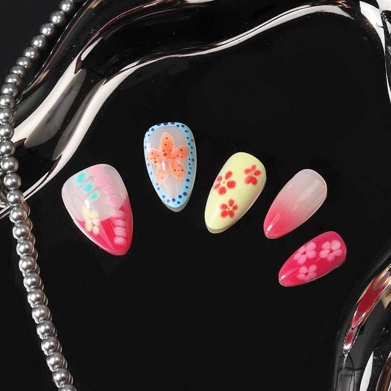 48 Pcs Fruit Floral Oval Press on Nails, Lovely Casual Summer Daily Fake Nails
