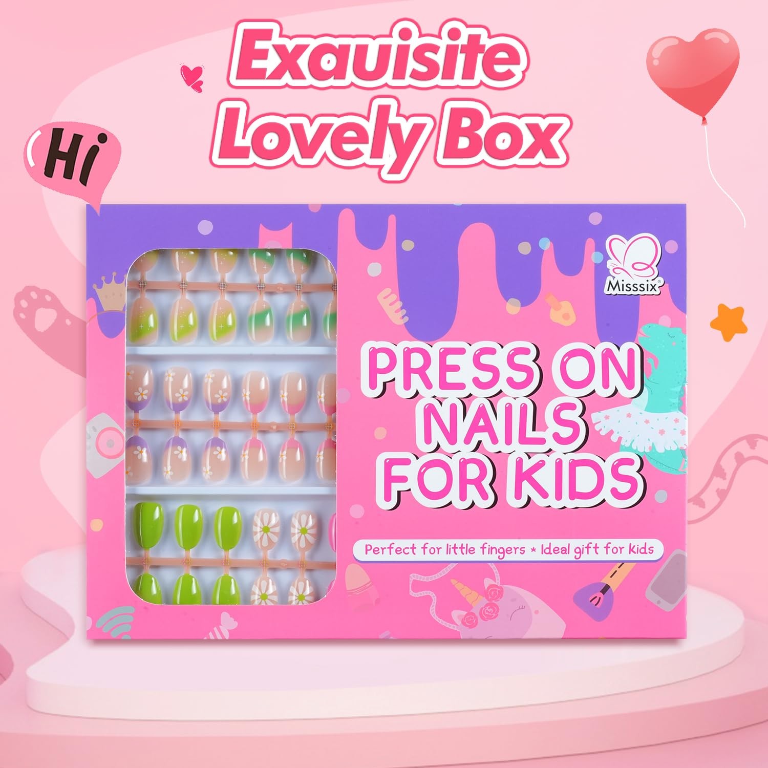 Misssix 78 Pcs Press on Nails for Kids, Kid Fake Nail Short, Colorful Flower