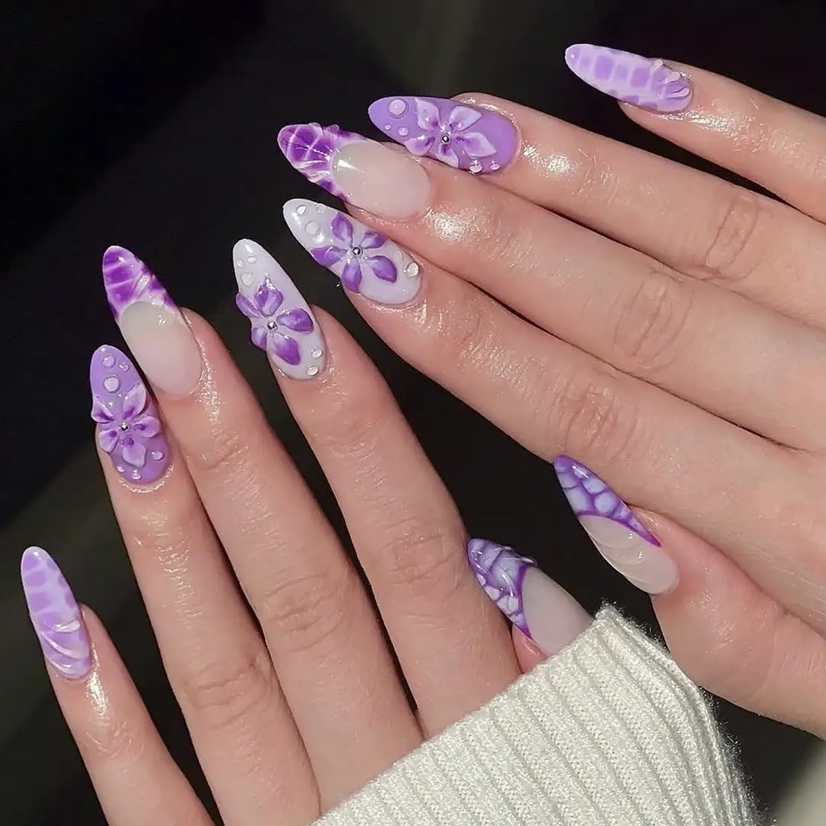 30Pcs Purple Flower Press on Nails Medium Almond Fake Nails with 3D Hibiscus Flo