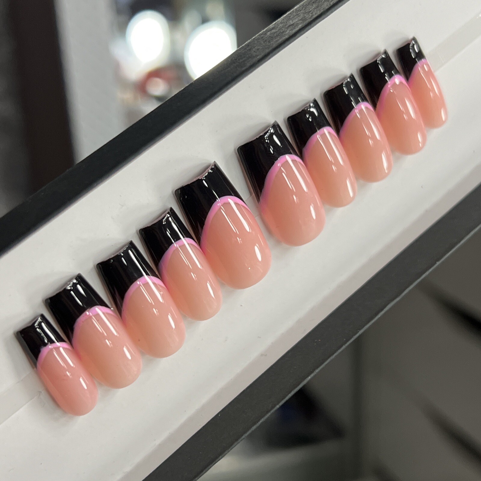 🩷🖤 CUSTOM Press On Nails FRENCH BLACK PINK BLING 10p SET W Kit